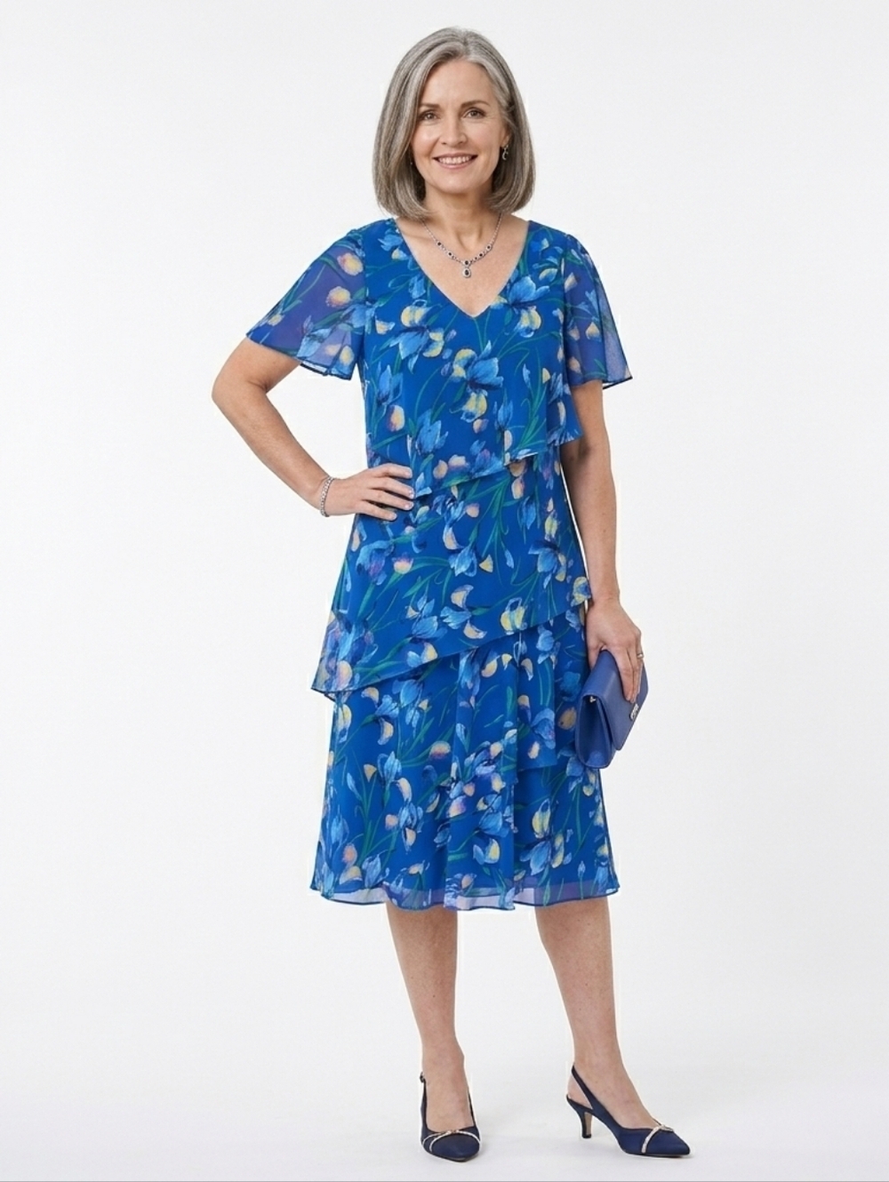 Jacques Vert Blue Tiered Dress With Floral Iris Print